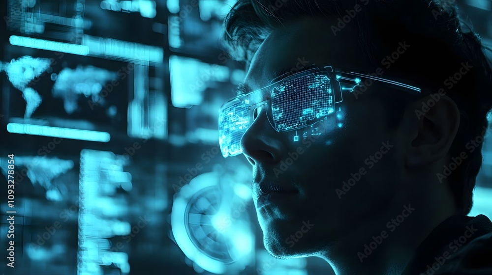 Poster A professional presenting a project using wearable smart glasses to display 3D glowing innovation maps, with 2D live feedback. 4k resolution, Cinematic Scene