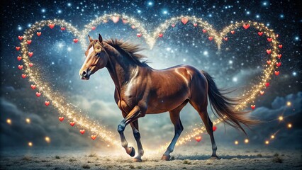 Romantic Long Exposure Capture of a Majestic Horse Surrounded by Heart-Shaped Valentine's Day Decorations Under a Starry Night Sky