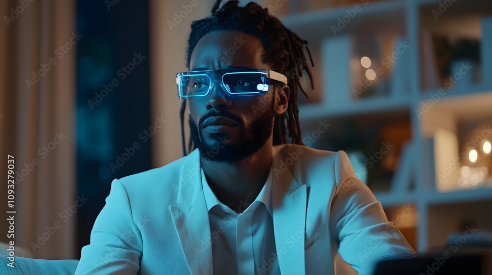 Poster a remote professional interacting with wearable ai glasses that project 3d digital assistants, with 