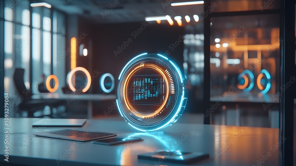 Poster A coworking hub featuring wearable tech rings that activate 3D interactive data visualizations, with 2D floating updates for collaboration. 4k resolution, Cinematic Scene