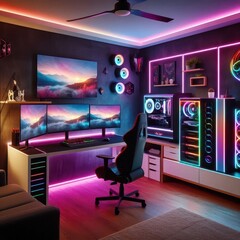 Futuristic gaming setup with triple monitors, vibrant RGB lighting, and a sleek gaming chair in a cozy modern space