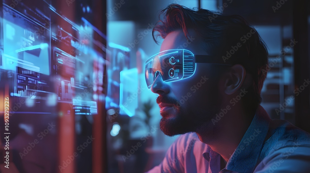 Poster A professional in a hybrid meeting using a wearable device projecting 3D customer engagement metrics, with 2D glowing annotations. 4k resolution, Cinematic Scene