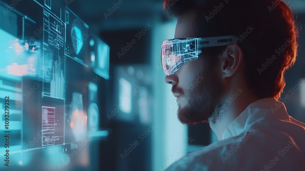 Poster A futuristic design lab showcasing wearable tech that triggers 3D holographic prototypes, with 2D task reminders overlaying the environment. 4k resolution, Cinematic Scene