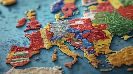 resolution digital map of Europe displaying the flags of all member countries. Each flag is accurately positioned within its respective country,