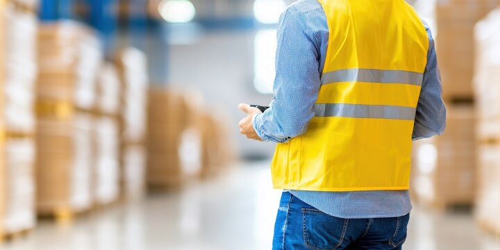 A warehouse worker checks inventory using a handheld device in a storage facility.