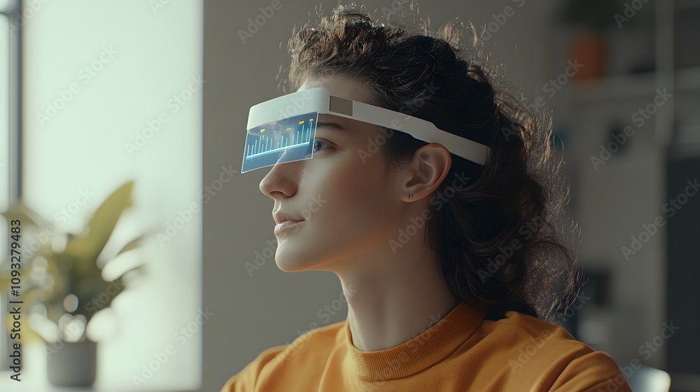 Poster a professional analyzing workplace data using a wearable headband that projects 3d resource manageme