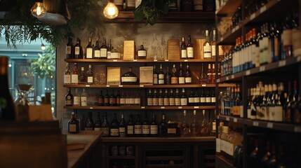 Wine Shop Interior, Shelves of Wine Bottles, Warm Lighting