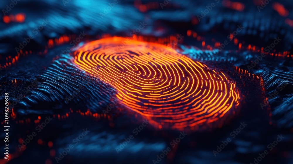 Poster vibrant digital fingerprint representation on abstract background, showcasing intricate patterns of 