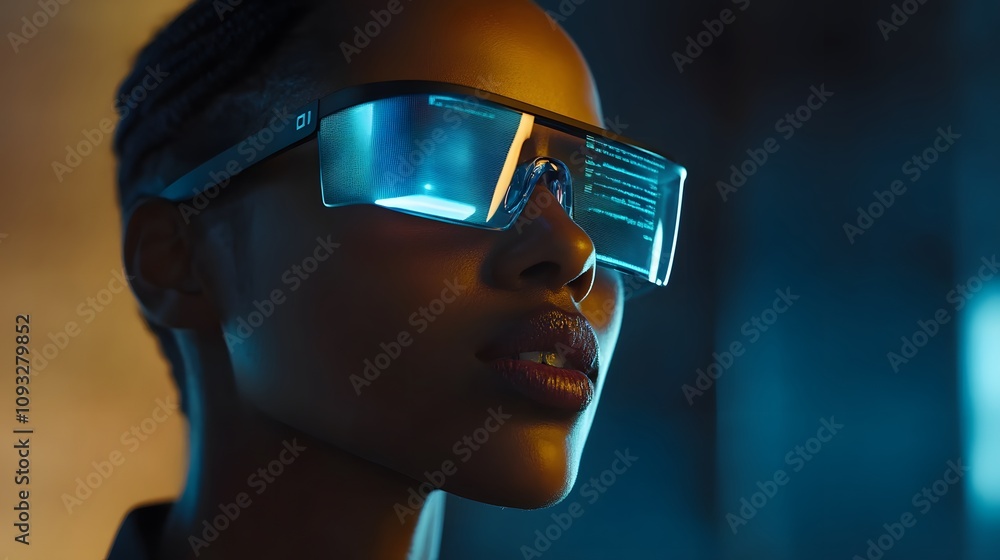 Poster a hybrid professional presenting with wearable smart glasses that display 3d glowing analytics, supp