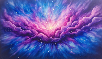 Cosmic purple and blue watercolor galaxy with bright light bursts