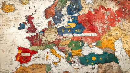resolution digital map of Europe displaying the flags of all member countries. Each flag is accurately positioned within its respective country,