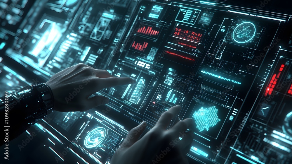 Poster a professional engaging with wearable holographic tech to analyze 3d task efficiency models, with 2d