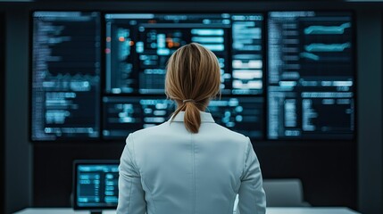 future business meeting technology concept, A professional analyzing data on multiple screens in a modern control room, showcasing technology and analytics.