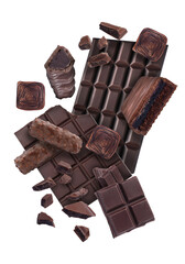 Different chocolate products in air on white background