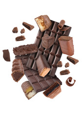 Different chocolate products in air on white background