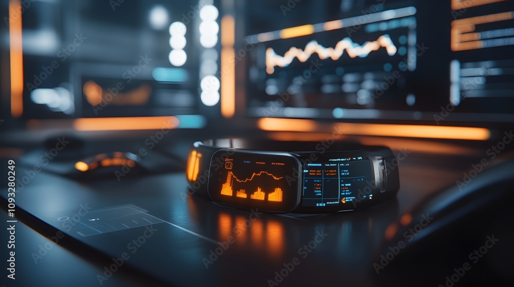 Poster A hybrid workspace with wearable smartbands displaying 3D glowing financial projections and 2D actionable insights. 4k resolution, Cinematic Scene