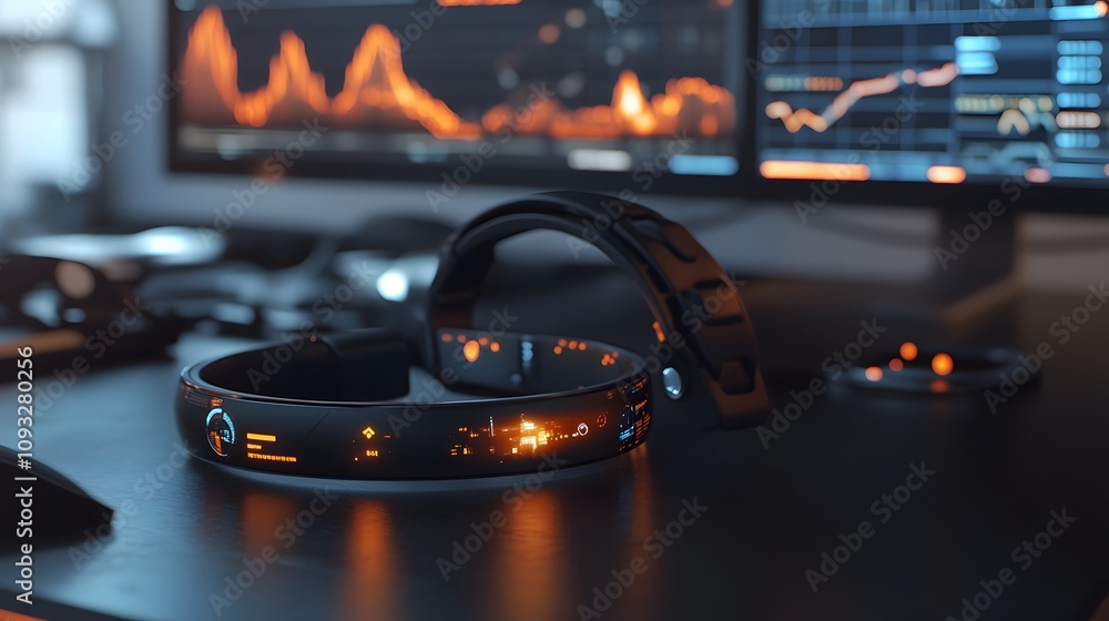 Poster A hybrid workspace with wearable smartbands displaying 3D glowing financial projections and 2D actionable insights. 4k resolution, Cinematic Scene