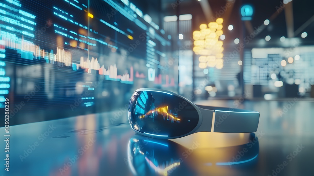 Poster A hybrid workspace with wearable smartbands displaying 3D glowing financial projections and 2D actionable insights. 4k resolution, Cinematic Scene