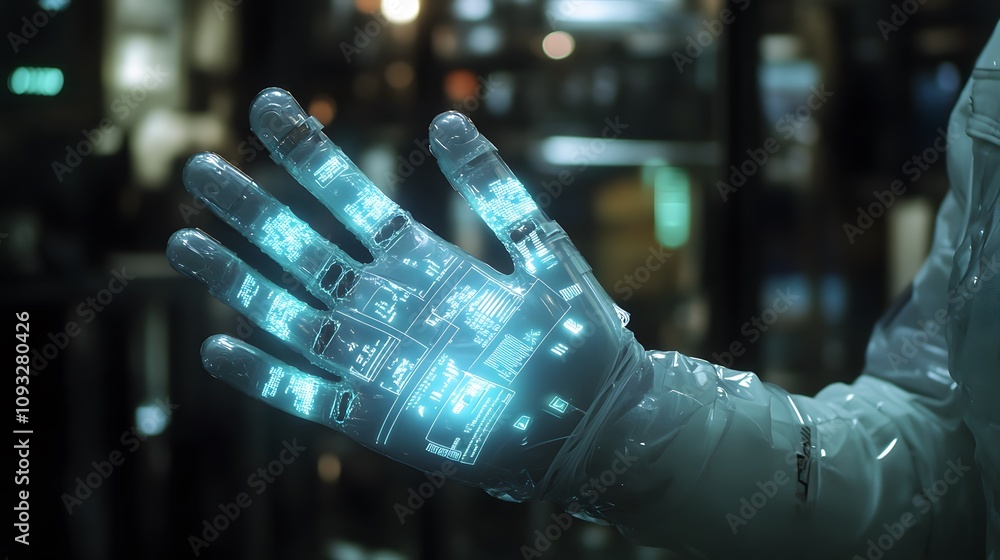 Poster a professional interacting with wearable smart gloves projecting 3d glowing resource planning tools,