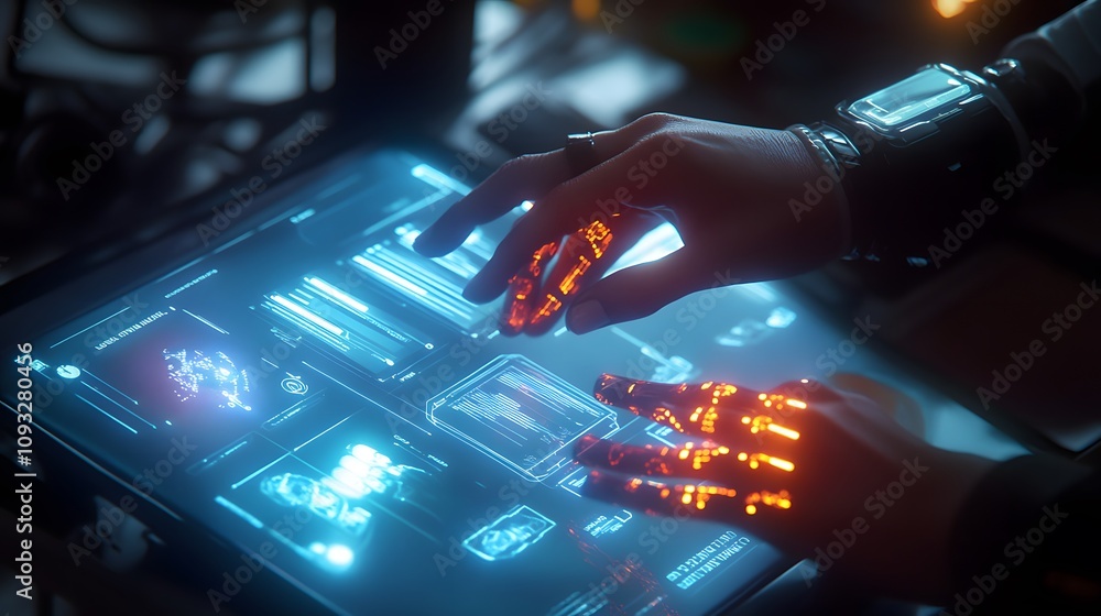 Poster a professional interacting with wearable smart gloves projecting 3d glowing resource planning tools,
