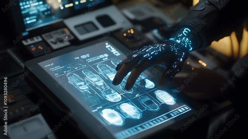Poster a professional interacting with wearable smart gloves projecting 3d glowing resource planning tools,
