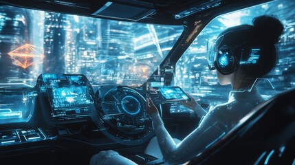 Futuristic Concept: Stylish Japanese Businessman Riding on a Back Seat of an Autonomous Self-Driving Zero-Emissions Electric Car. He is Riding on the Highway in the City of the Future.