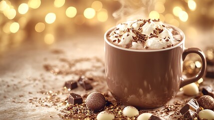 Rich hot chocolate in a mug styled with holiday props steam rising against a golden glow backdrop