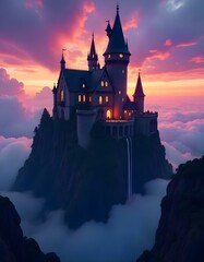 An adventurous sky castle, featuring pixelated secret passages, a pixelated moat, and a pixelated wizard's tower, floating in a dynamic pixelated sky with moving pixel clouds