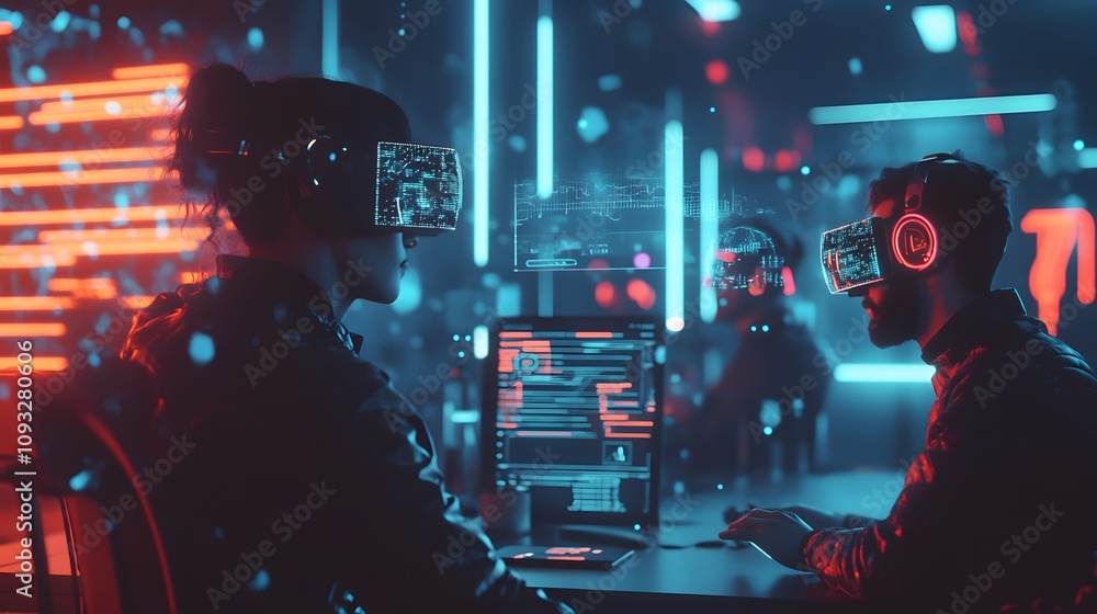 Aufkleber A team brainstorming session leveraging wearable AI trackers projecting 3D glowing collaborative workflows and 2D actionable steps. 4k resolution, Cinematic Scene