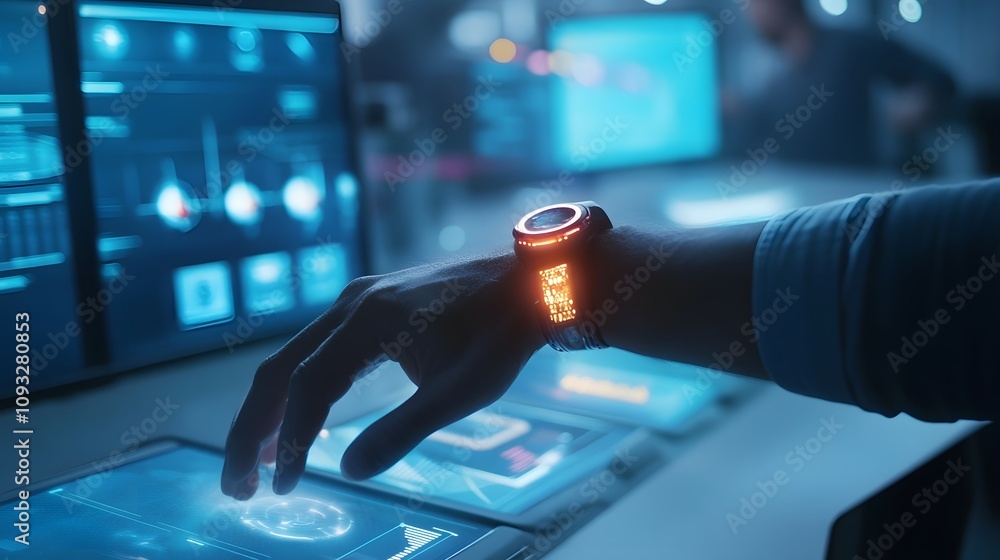 Poster a collaborative workspace featuring wearable wristbands activating 3d glowing communication hubs and