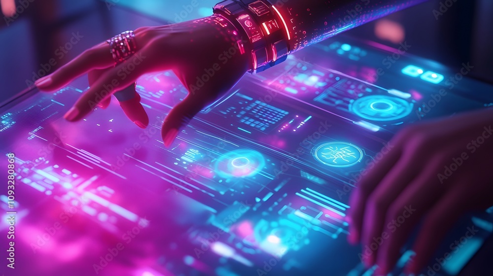 Poster a collaborative workspace featuring wearable wristbands activating 3d glowing communication hubs and