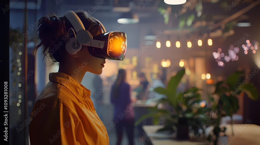 Poster A hybrid coworking environment integrating wearable devices for 3D glowing task coordination and 2D animated insights. 4k resolution, Cinematic Scene