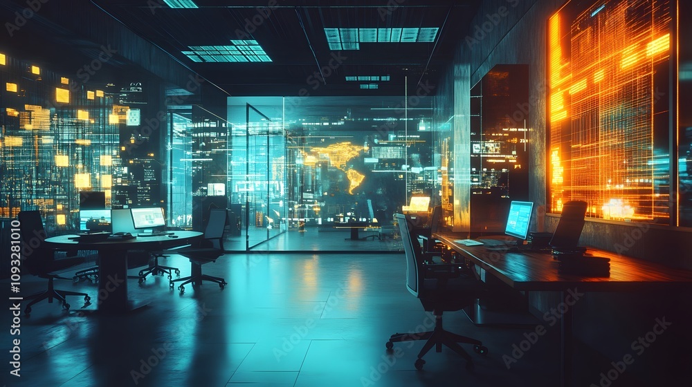 Poster A hybrid coworking environment integrating wearable devices for 3D glowing task coordination and 2D animated insights. 4k resolution, Cinematic Scene