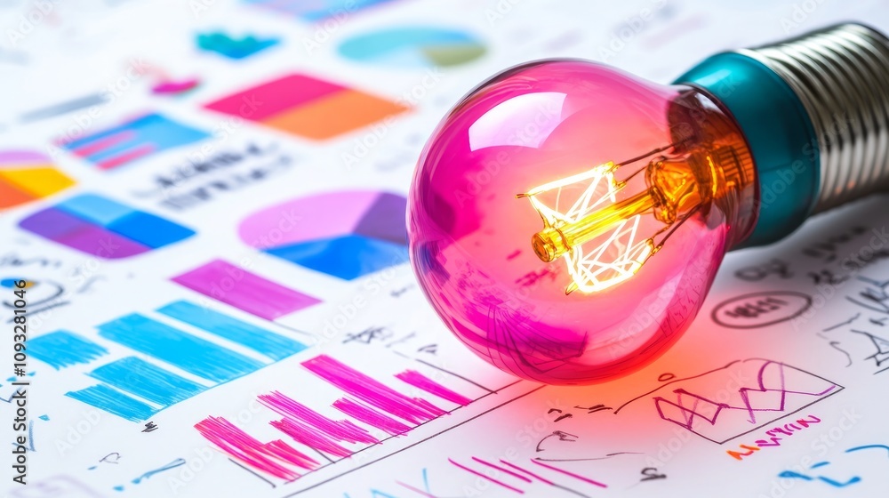 Poster illuminated lightbulb on colorful charts & graphs.