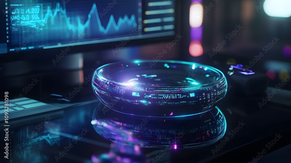 Poster a futuristic workspace where professionals use wearable holographic displays to analyze 3d glowing m