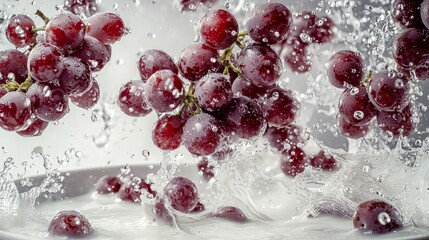 Red grapes splashing into water, vibrant, fresh, juicy.