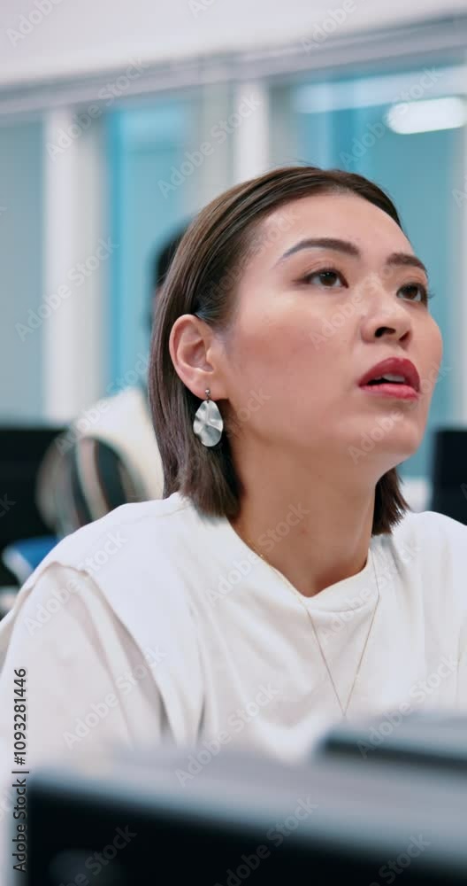Aufkleber Japanese, business woman and office computer with listening, planning and professional developer. Database, coding and staff meeting with website update training and programming with tech at desk