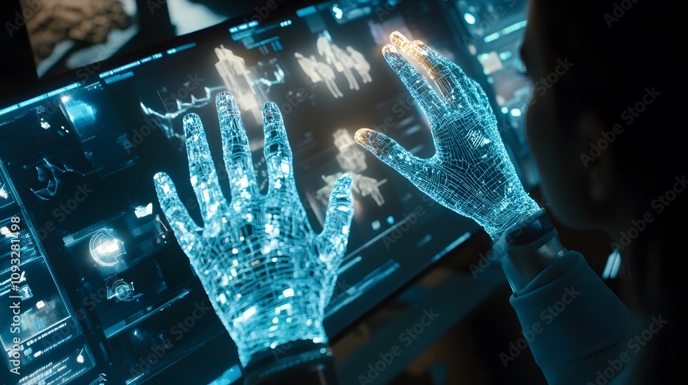 Poster A futuristic brainstorming hub with wearable AR gloves projecting 3D glowing prototypes and 2D team communication pathways. 4k resolution, Cinematic Scene