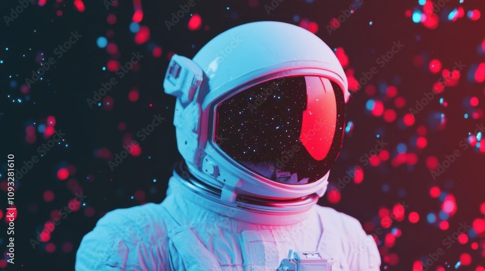 Poster astronaut in space suit surrounded by colorful bokeh lights and cosmic particles in a surreal repres