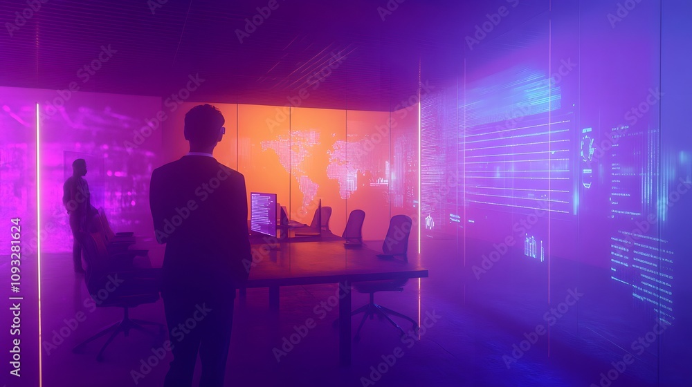 Poster a hybrid coworking hub where professionals use wearable holographic tools to manage 3d glowing workf