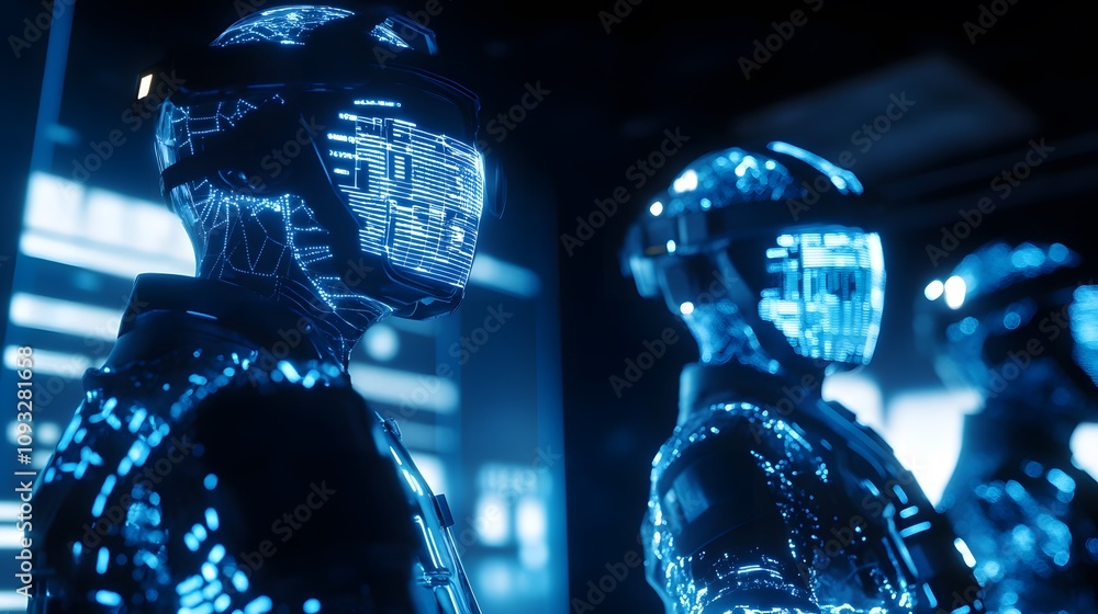Poster A team collaborating with wearable AI devices projecting 3D glowing digital dashboards and 2D visual progress bars. 4k resolution, Cinematic Scene