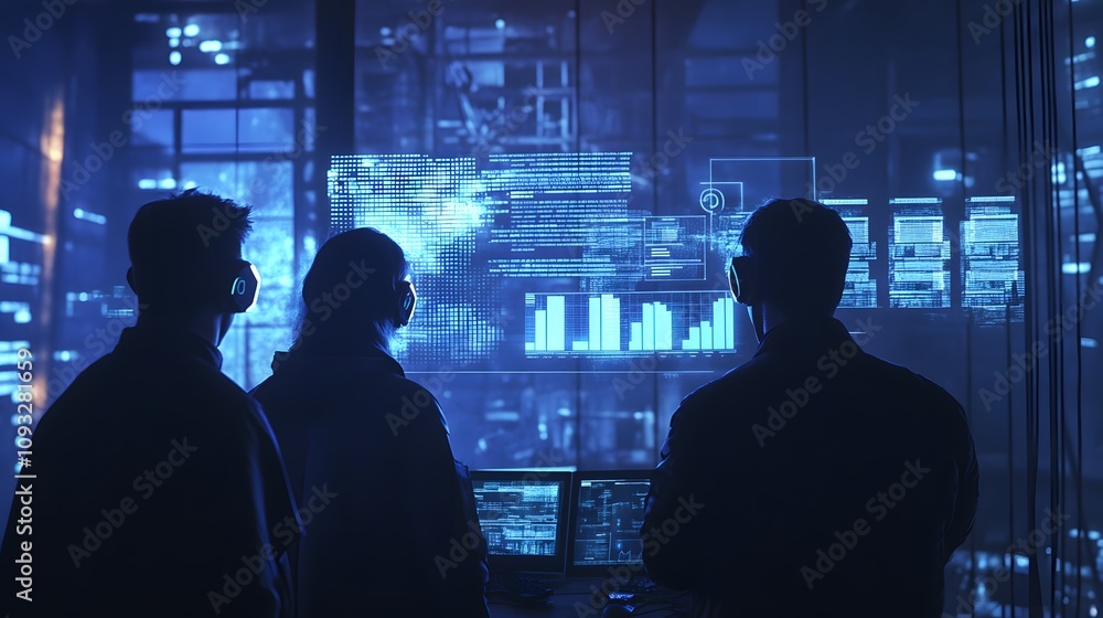 Aufkleber A team collaborating with wearable AI devices projecting 3D glowing digital dashboards and 2D visual progress bars. 4k resolution, Cinematic Scene