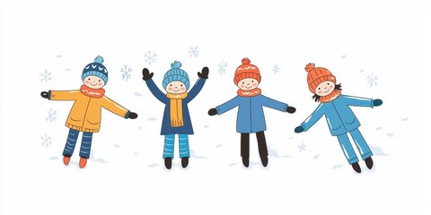 Fototapeta premium Children playing in the snow, enjoying winter with laughter and snowflakes around them.