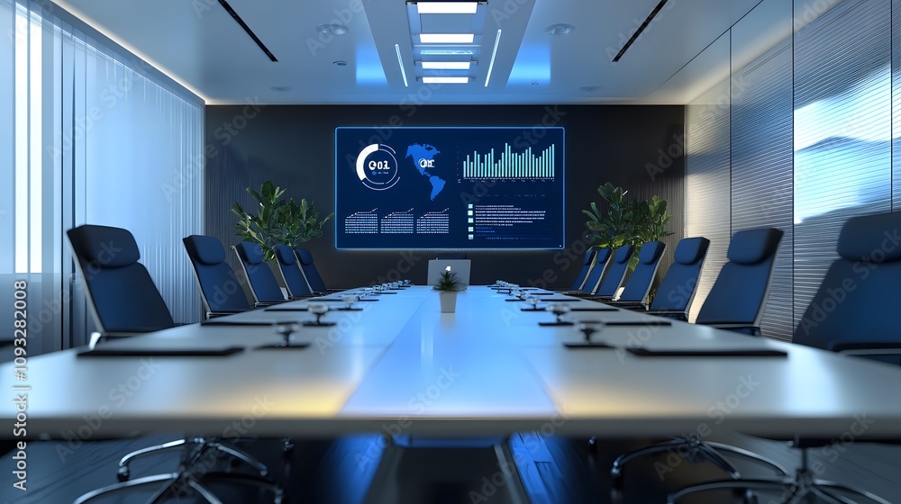 Poster a futuristic meeting room featuring wearable ai trackers that manage 3d glowing project models and 2