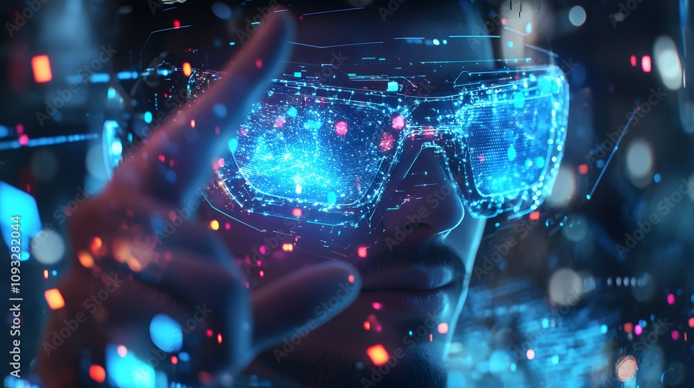 Poster a professional presenting using wearable holographic glasses projecting 3d glowing insights and 2d v