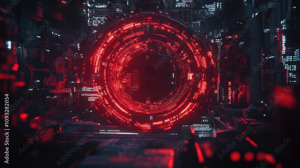 Poster futuristic digital portal with red light in a high-tech environment featuring abstract structures an
