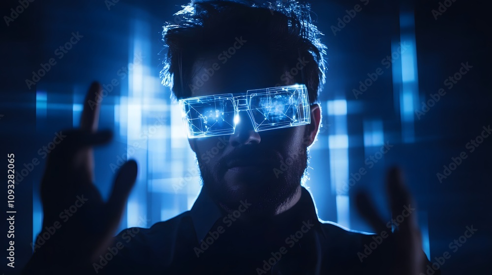 Poster a professional presenting using wearable holographic glasses projecting 3d glowing insights and 2d v