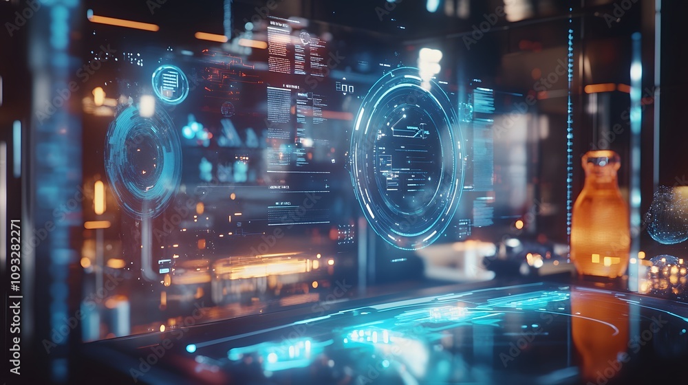 Poster a futuristic workspace with ai-powered holographic assistants projecting 3d glowing schedules and 2d