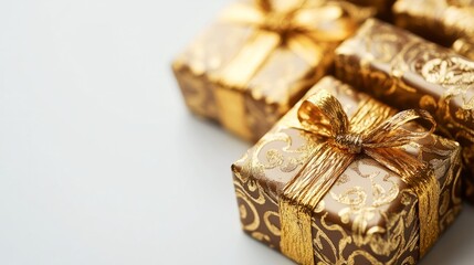 golden gift box with ribbon on white background with free space