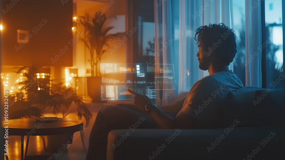 Poster A remote worker interacting with AI-powered 3D holographic collaborative interfaces and 2D visual cues. 4k resolution, Cinematic Scene